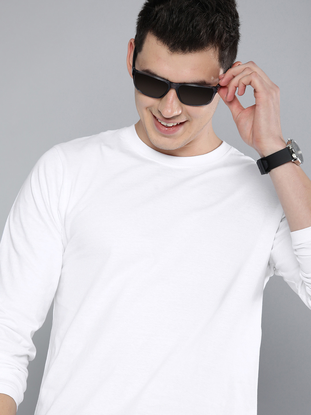 HERE&NOW Men White Solid Full Sleeves Casual T-shirt