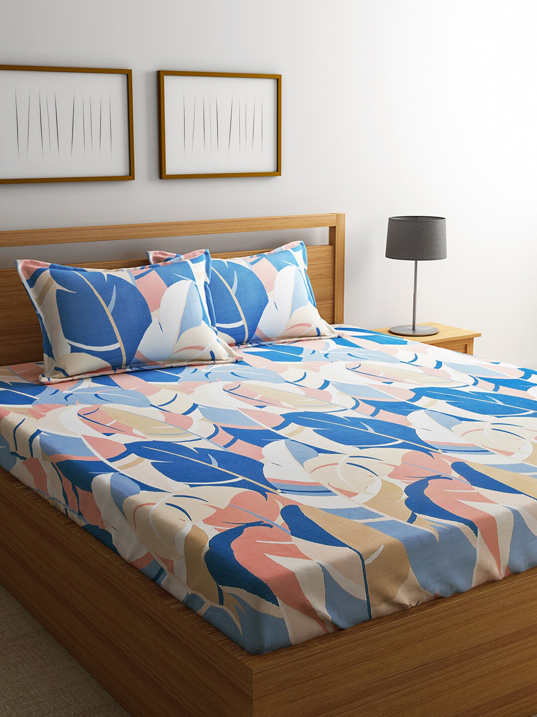 URBAN DREAM Blue Leaf Cotton 210 TC Queen Fine Bedsheet with 2 Pillow Covers-91 x 100 inches