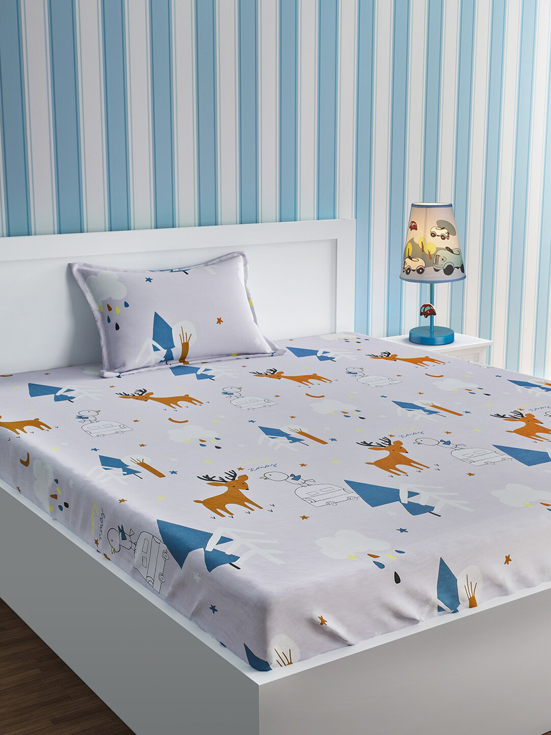 URBAN DREAM Grey Animal Cotton 210 TC Fitted Single Superfine Bedsheet with a Pillow Cover-59 x 91 inches