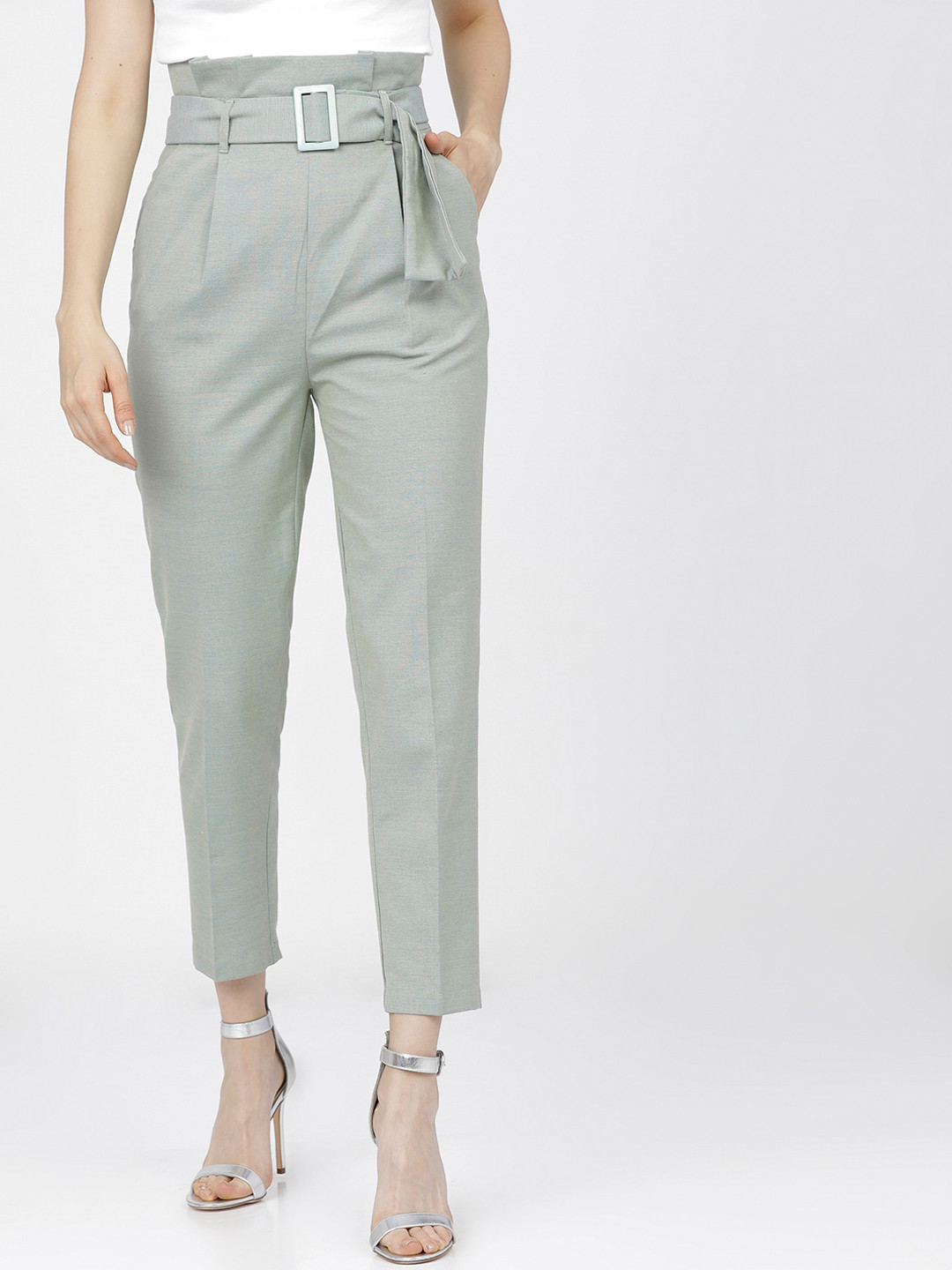 CHIC BY TOKYO TALKIES Women Sea Green Tapered Fit Easy Wash Pleated Peg Trousers