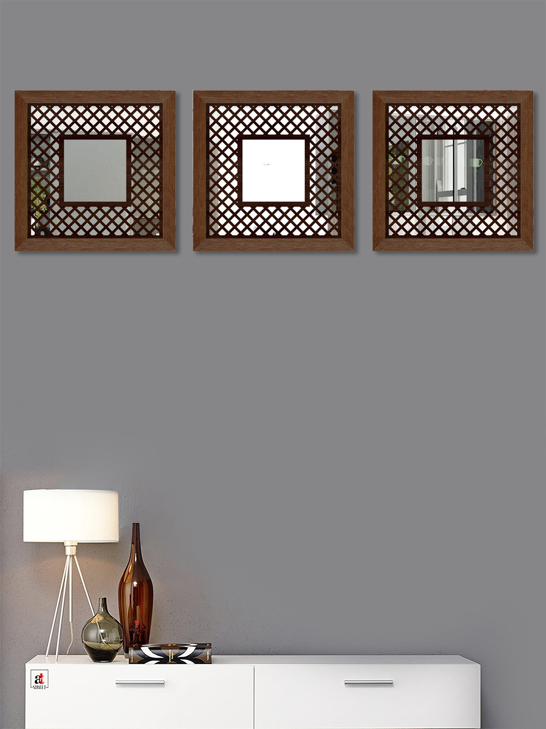 Art Street Set of 3 Brown Decorative Wall Mirror Square Shape