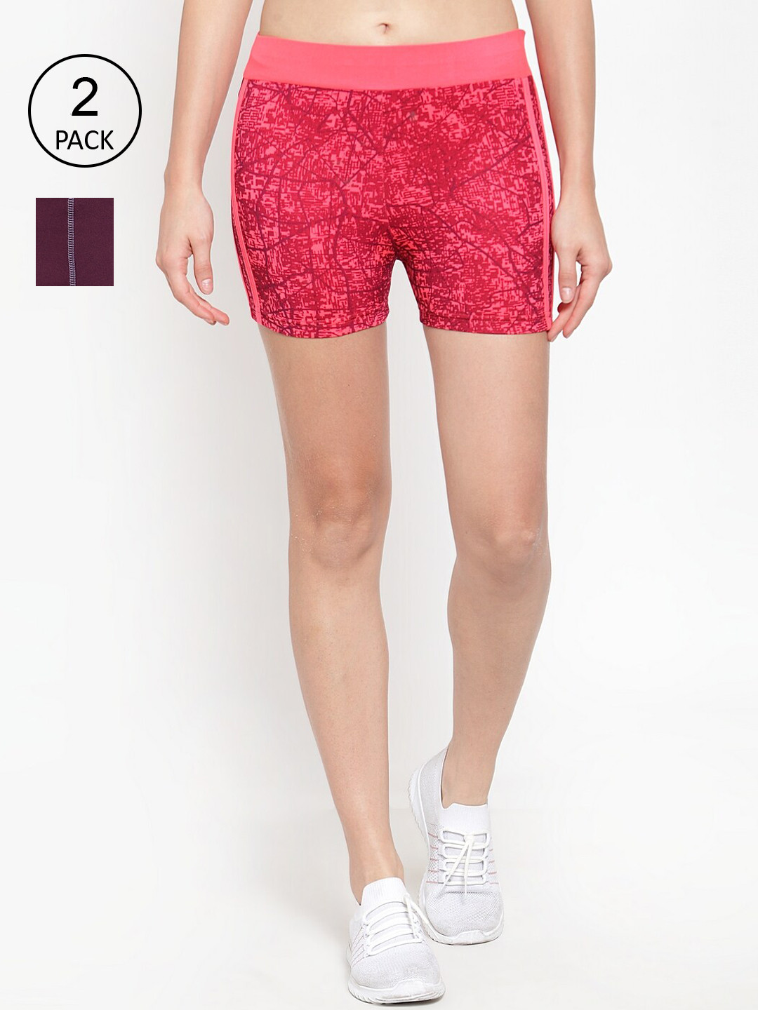 Boston Club Women Pack Of 2 Purple & Pink Printed Skinny Fit Training or Gym Sports Shorts