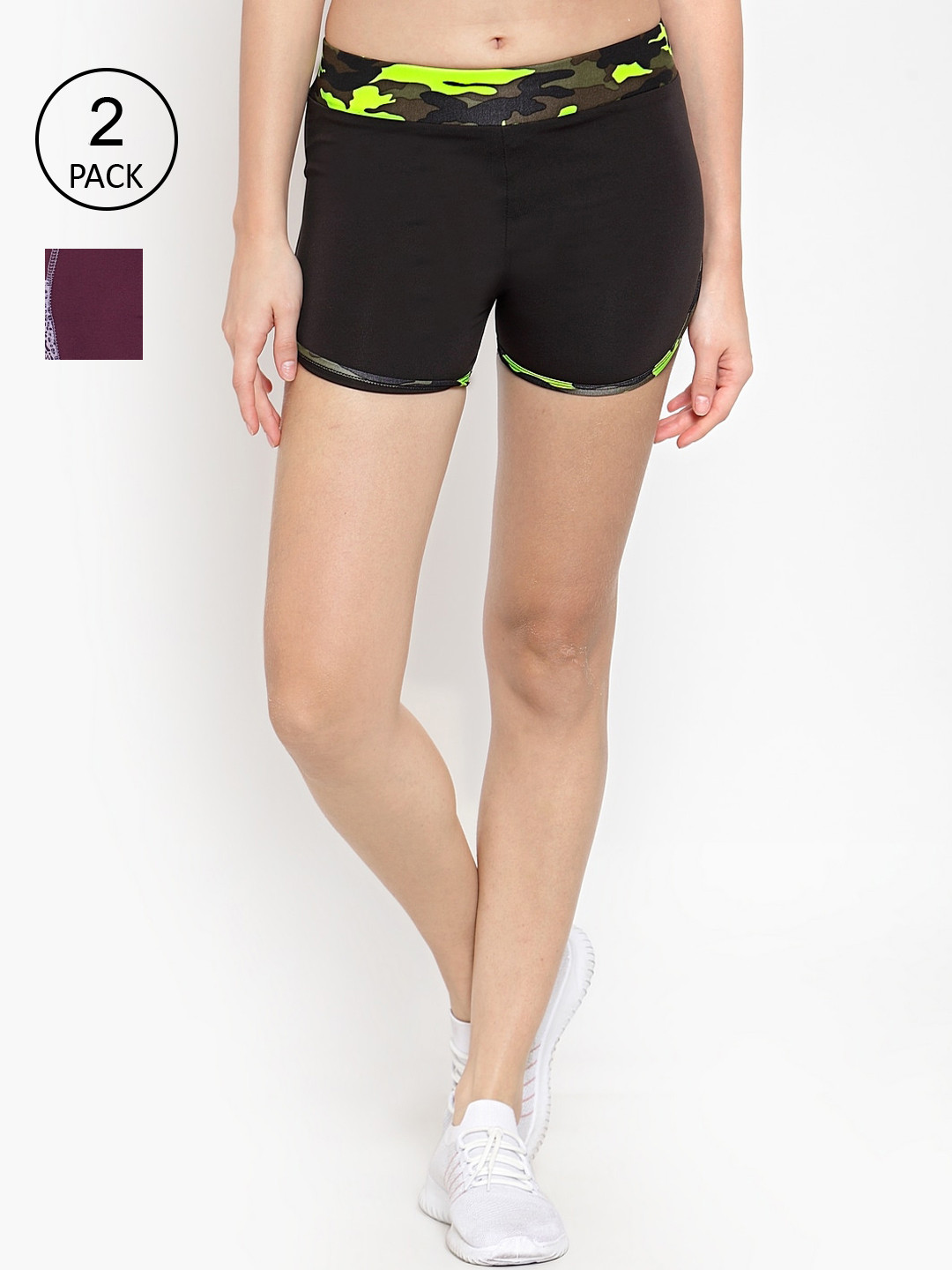 Boston Club Women Pack Of 2 Purple & Black Skinny Fit Training or Gym Sports Shorts