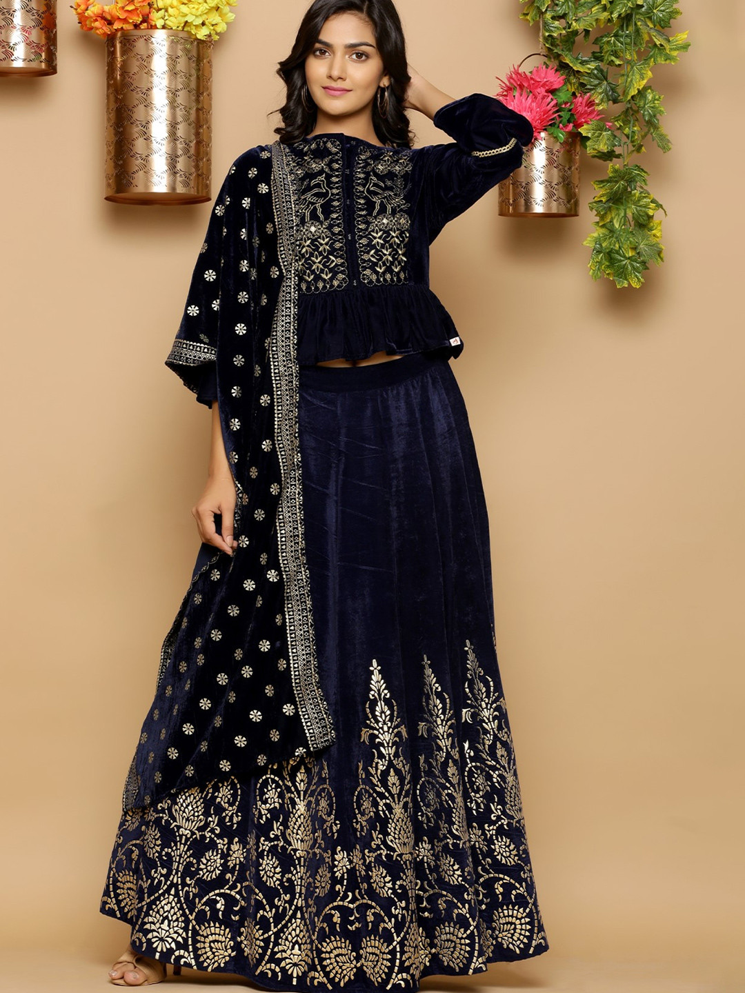 Juniper Navy Blue & Gold-Toned Embroidered Foil Print Ready to Wear Lehenga Choli Set