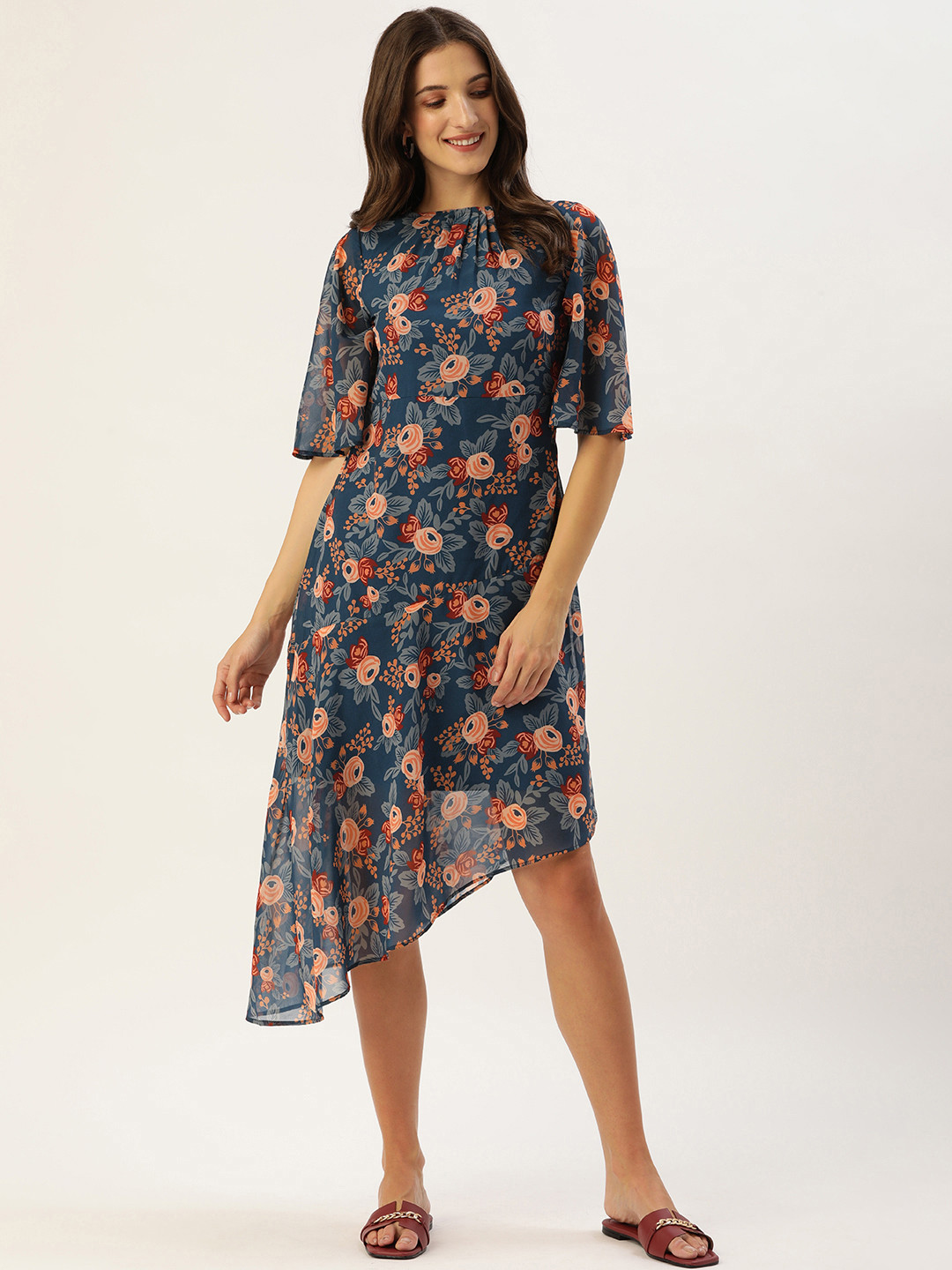 MELOSO Teal Floral Georgette A-Line Maxi Dress