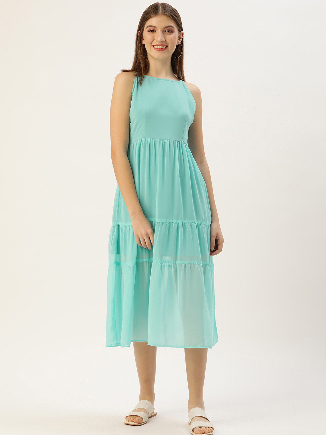 MELOSO Turquoise Blue Georgette Midi Dress
