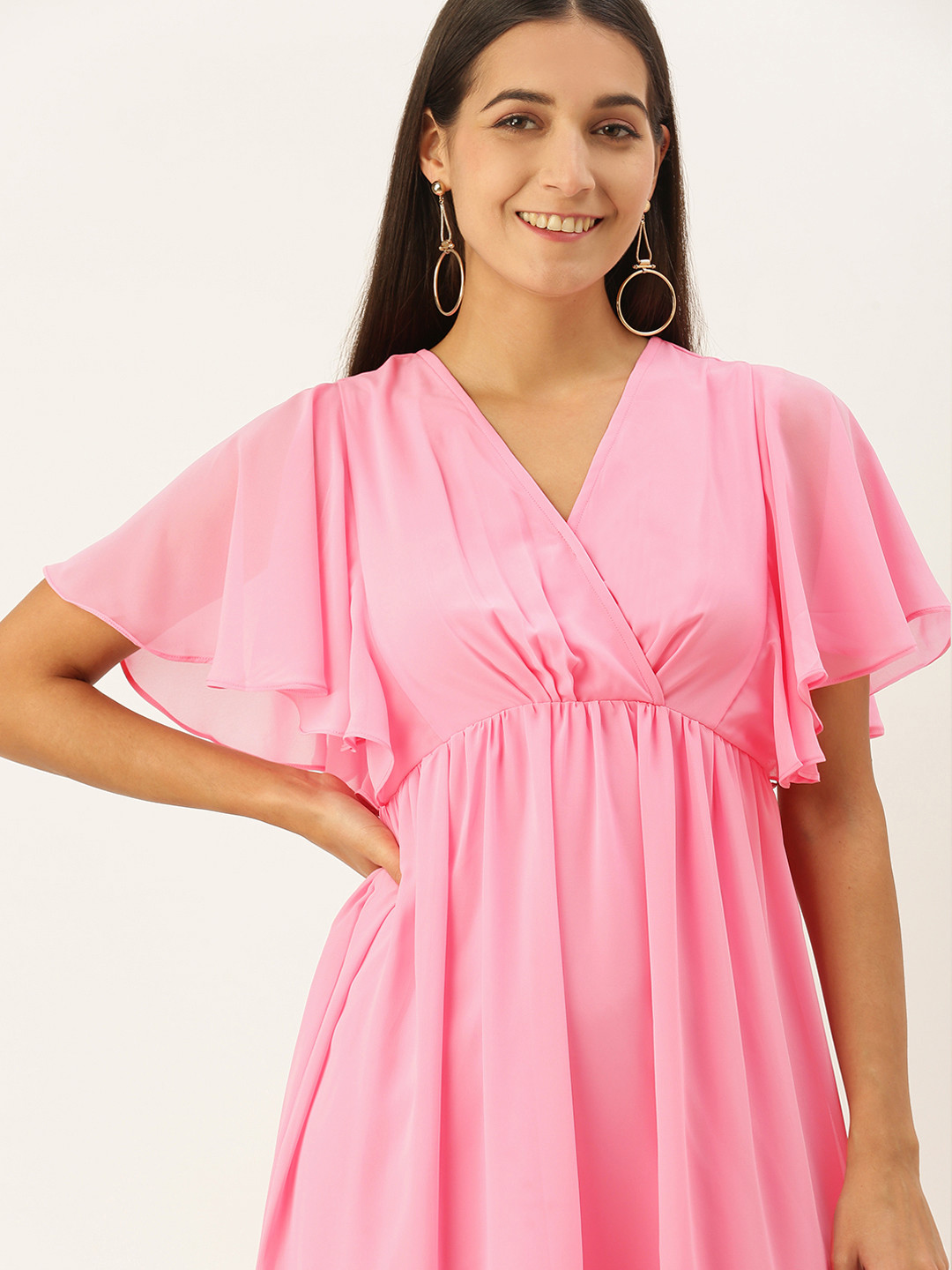MELOSO Pink Georgette Wrap Dress With Short Flutter Sleeves