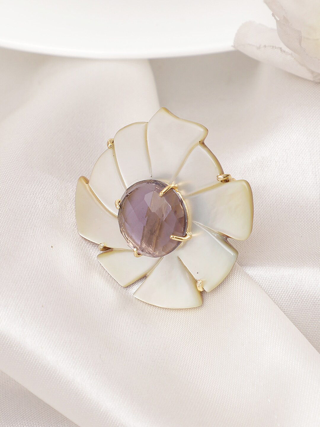 XAGO Gold-Plated Off-White & Purple Mother of Pearl Studded Adjustable Finger Ring