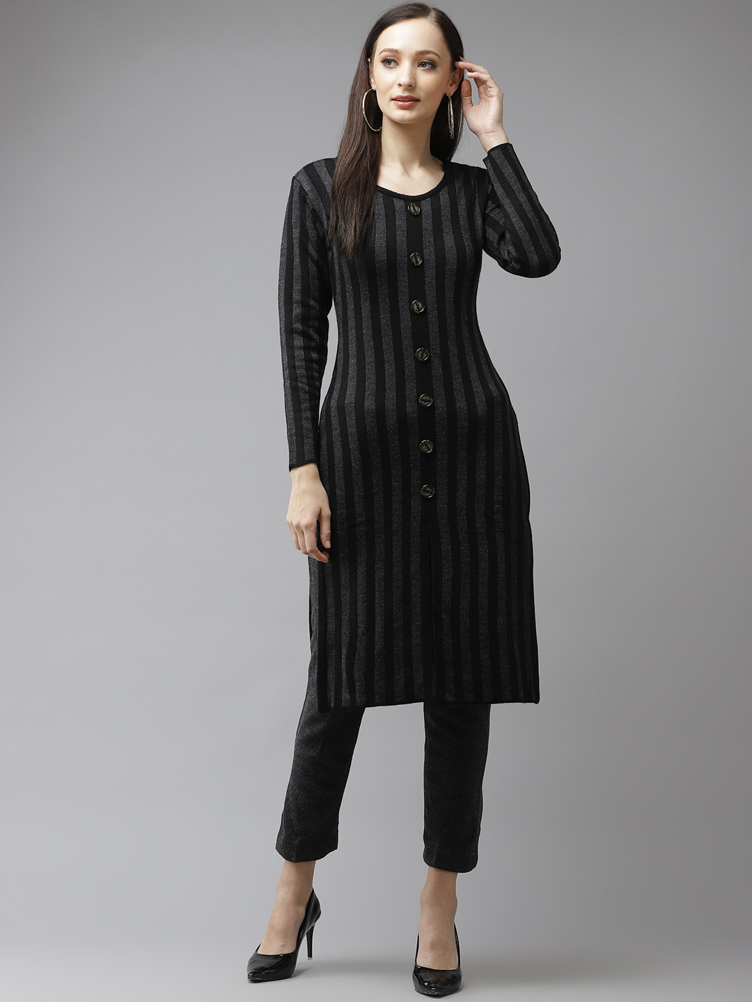 Cayman Women Black & Grey Striped Kurta