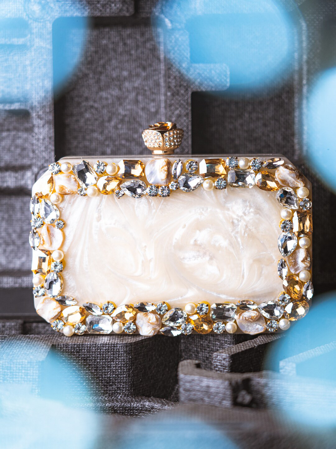 NR By Nidhi Rathi Beige & Gold-Toned Embellished Box Clutch