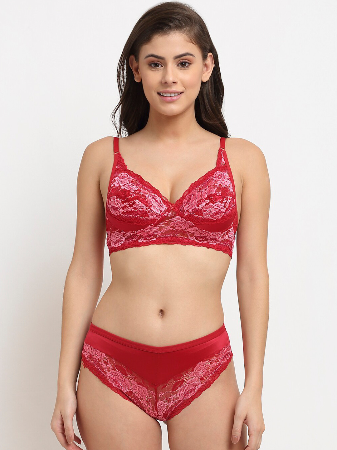 Friskers Women Red & Pink Self-Design Lace Lingerie Set OO-308-03