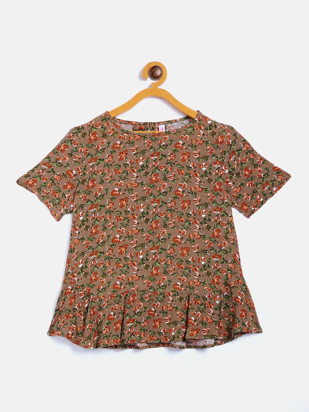 Crimsoune Club Girls Brown & Red Floral Printed A-line Top
