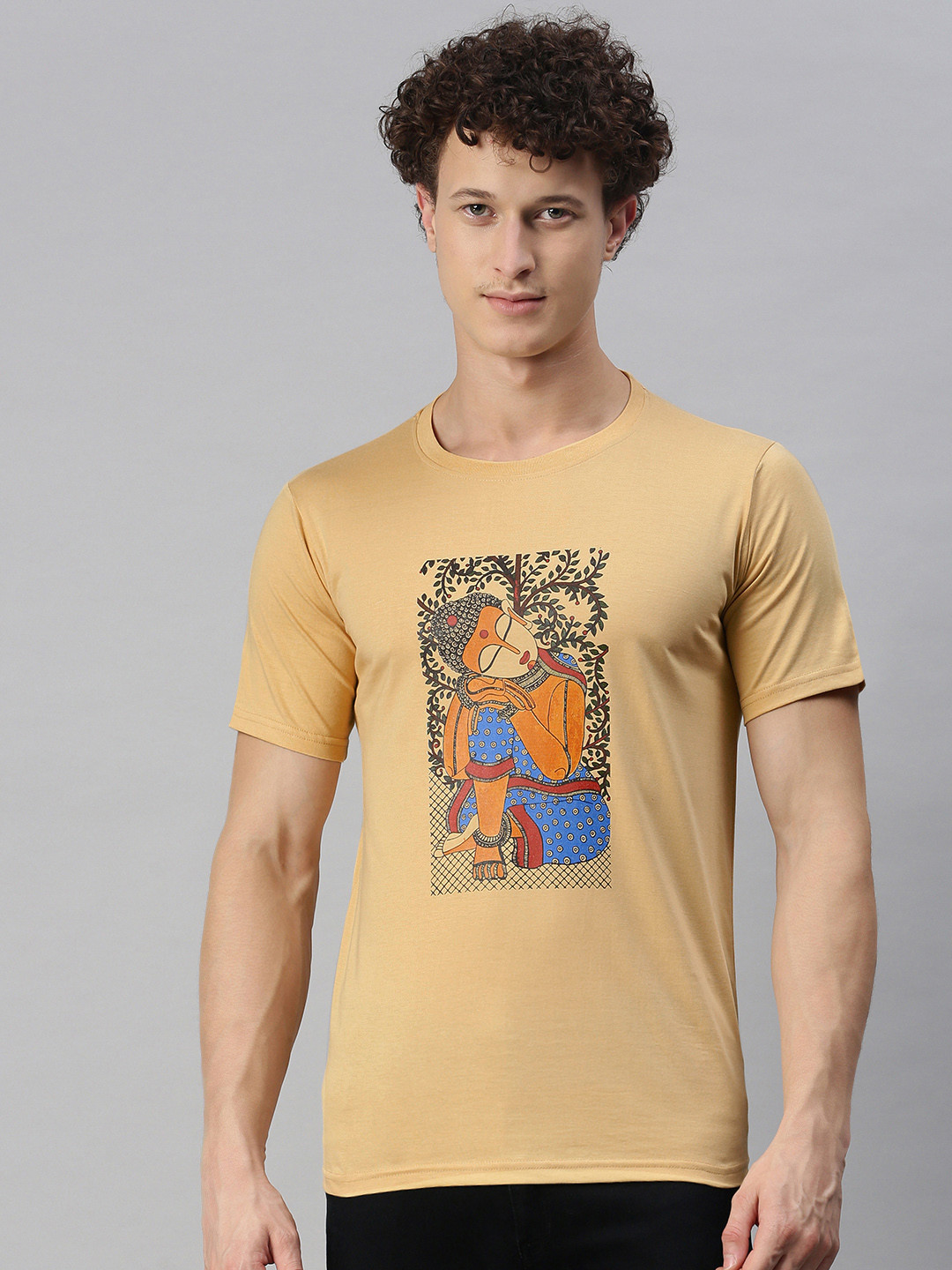 BRATMA Men Beige Graphic Printed Round Neck Regular Sleeves Cotton T-shirt