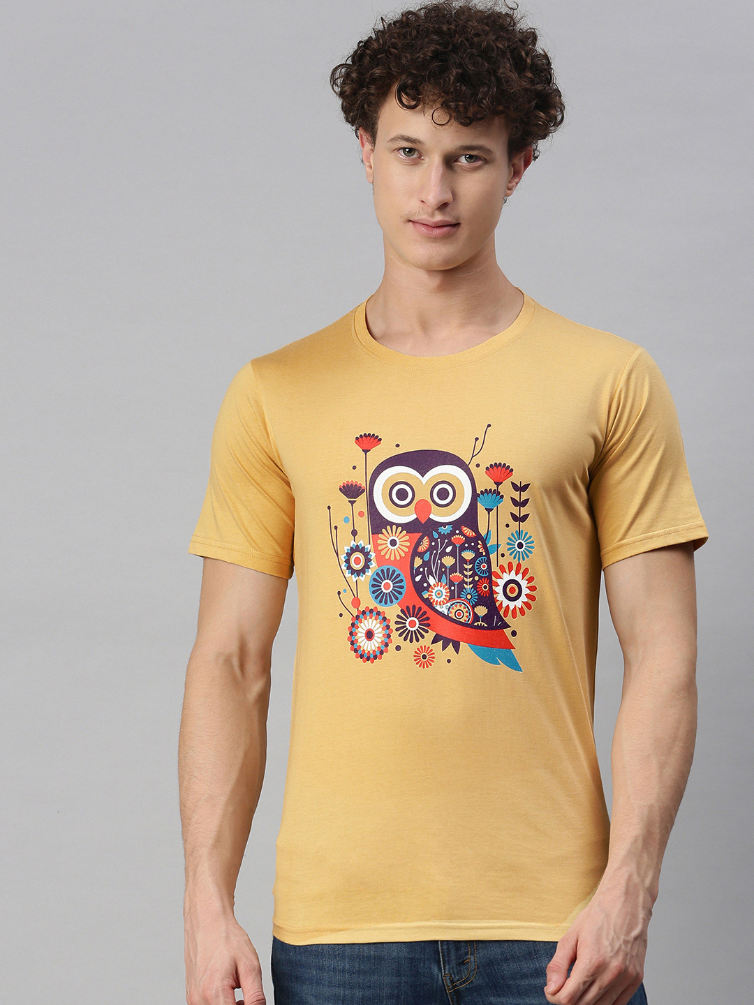 BRATMA Men Beige Graphic Printed Round Neck Regular Fit T-shirt