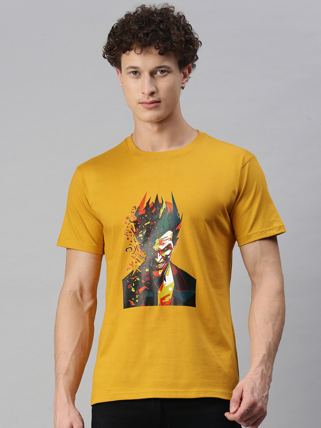 BRATMA Men Mustard Yellow Graphic Joker Printed Round Neck Regular Sleeves Cotton T-shirt