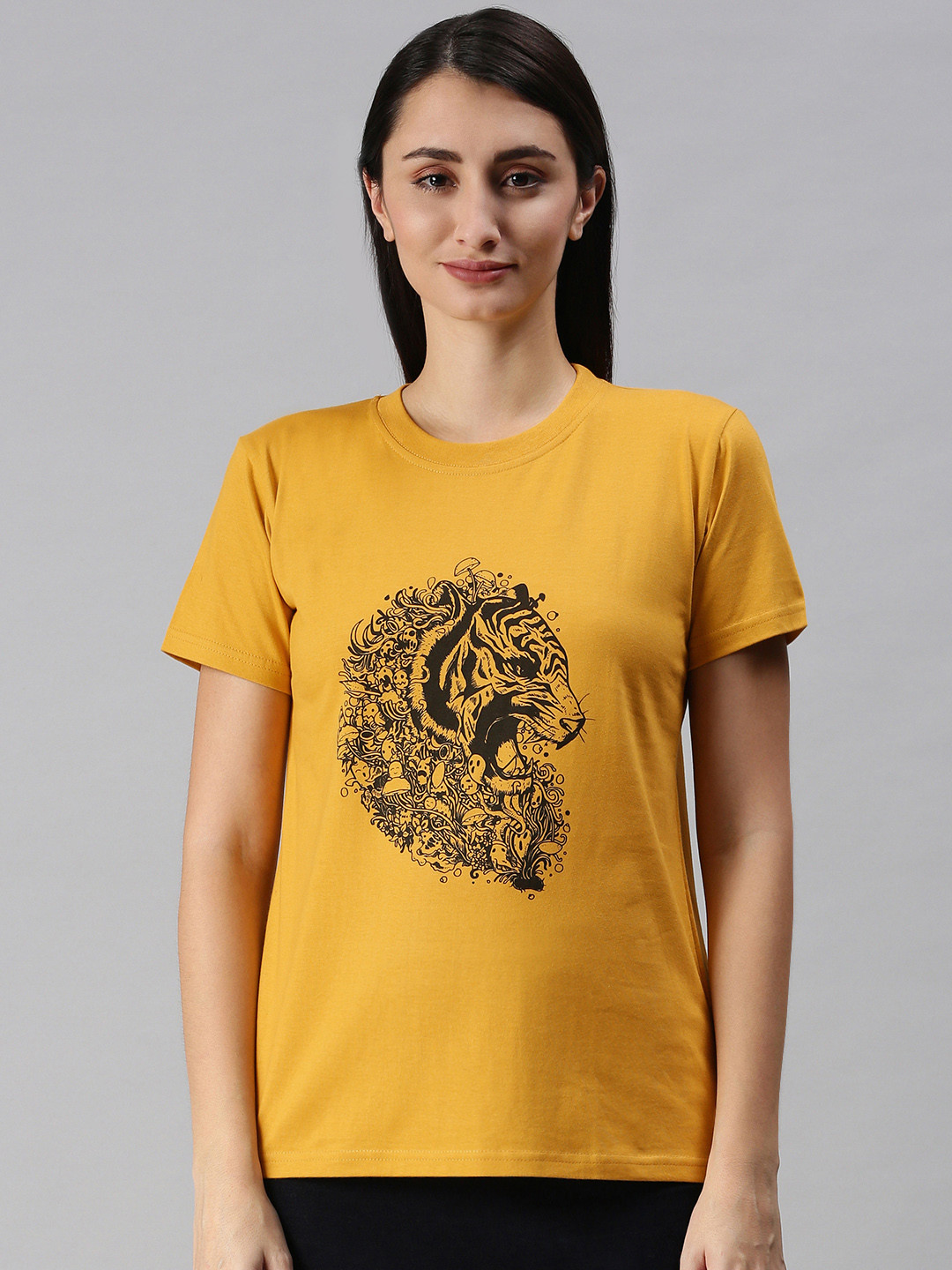 BRATMA Women Mustard Yellow Tiger Printed Round Neck T-shirt