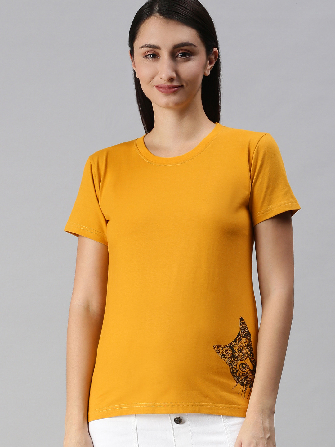 BRATMA Women Mustard Yellow Solid Round Neck T-shirt with Print Detail