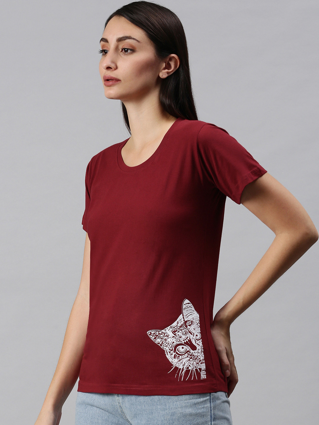 BRATMA Women Maroon Animal Placement Printed Round Neck Regular Sleeves Cotton T-shirt