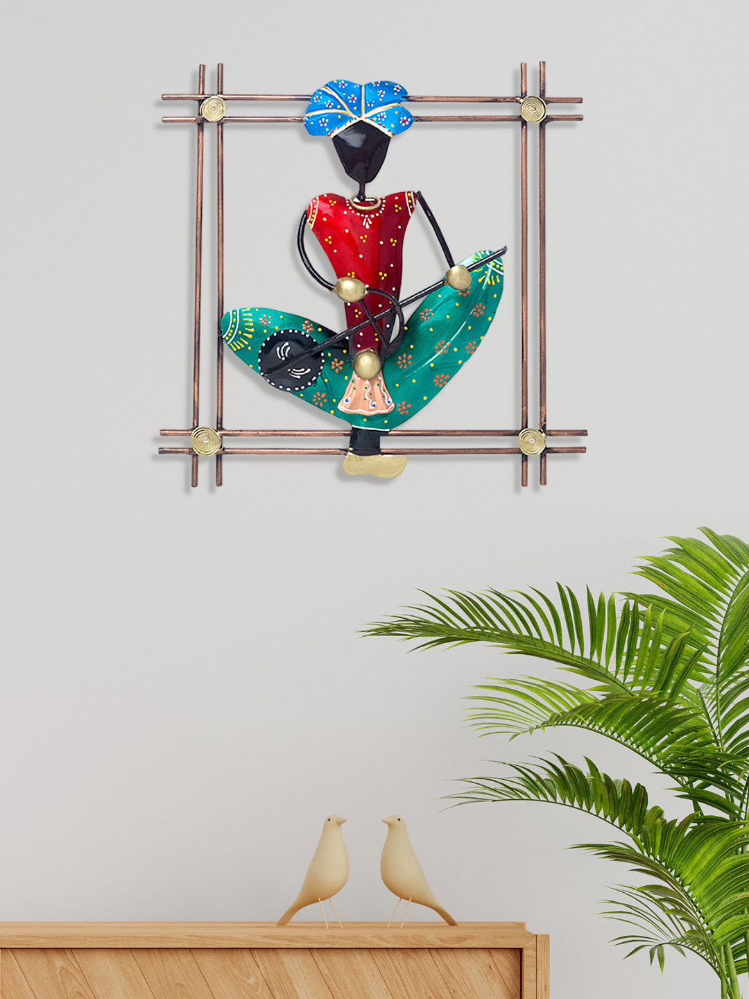 Golden Peacock Musician Wrought Metal Ethnic Motifs Glossy Hall Wall Hangings-15.7In