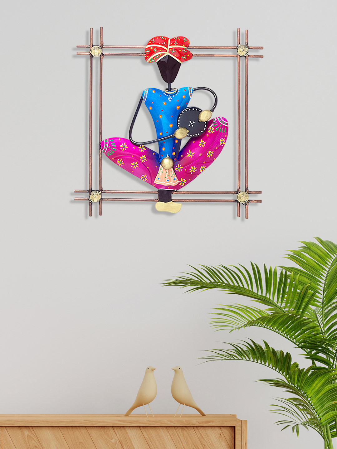 Golden Peacock Musician Wrought Metal Ethnic Motifs Glossy Hanging Hall Wall Hangings-13In