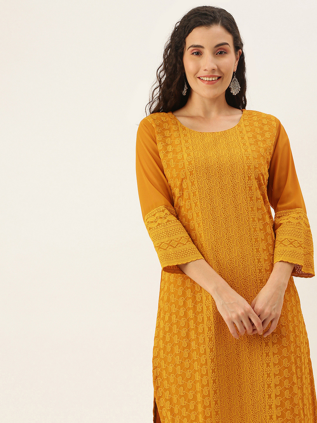 SWAGG INDIA Women Mustard Yellow Paisley Embroidered Chikankari Kurta