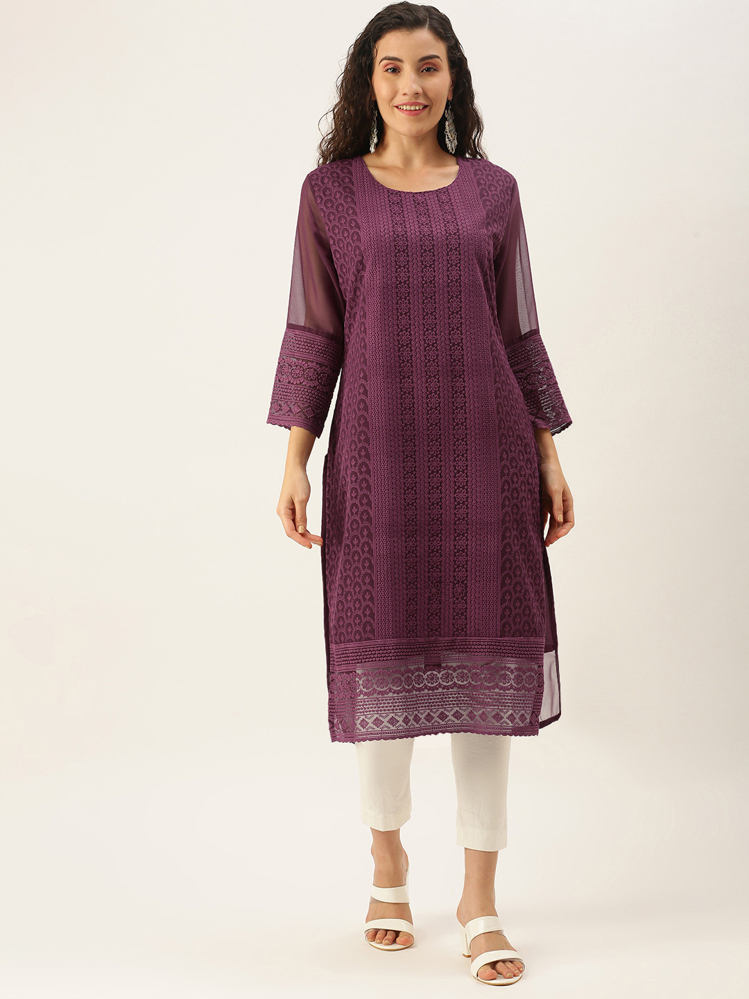 SWAGG INDIA Women Purple Floral Embroidered Chikankari Georgette Kurta