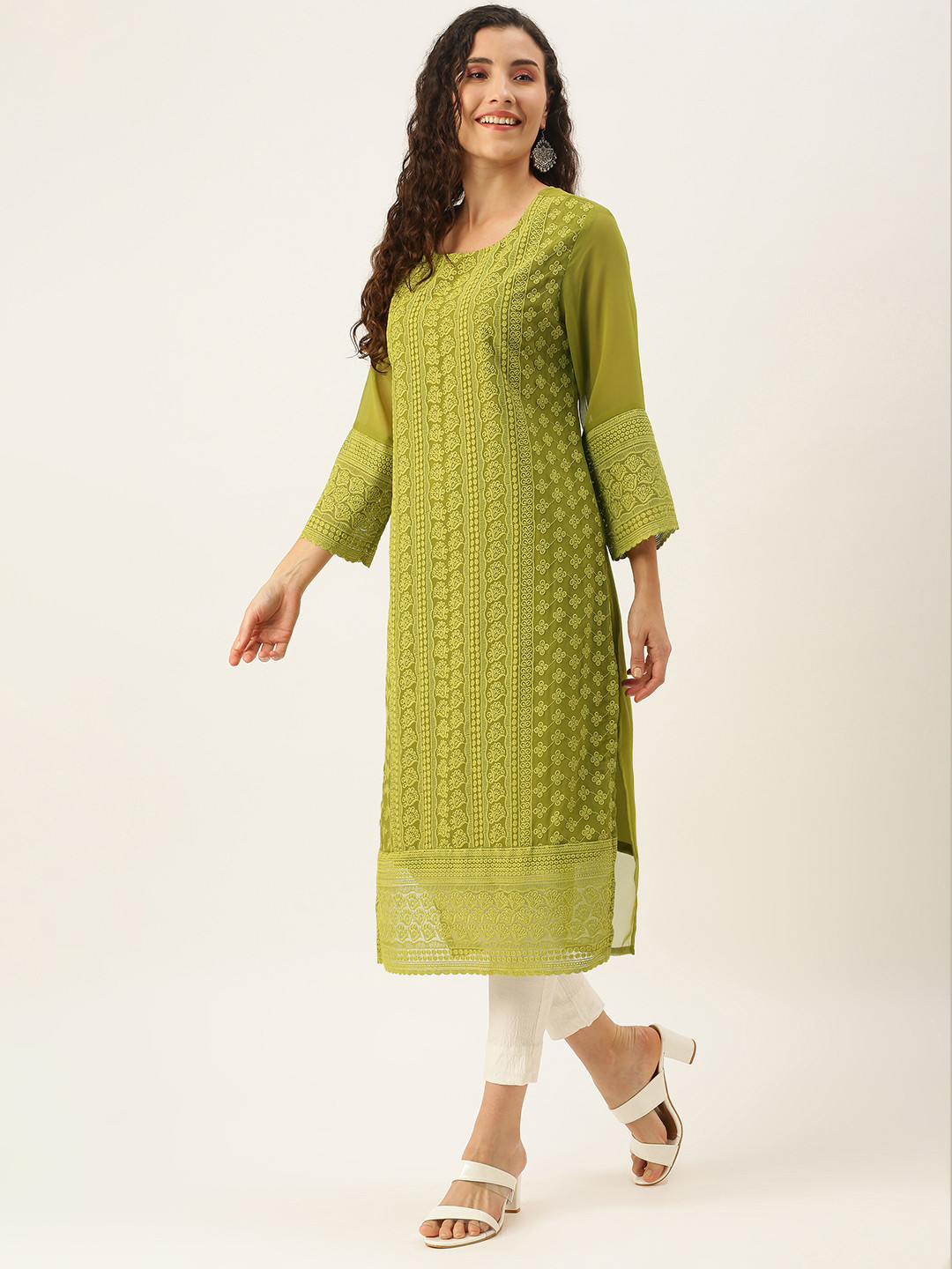 SWAGG INDIA Women Green Embroidered Chikankari Georgette Kurta