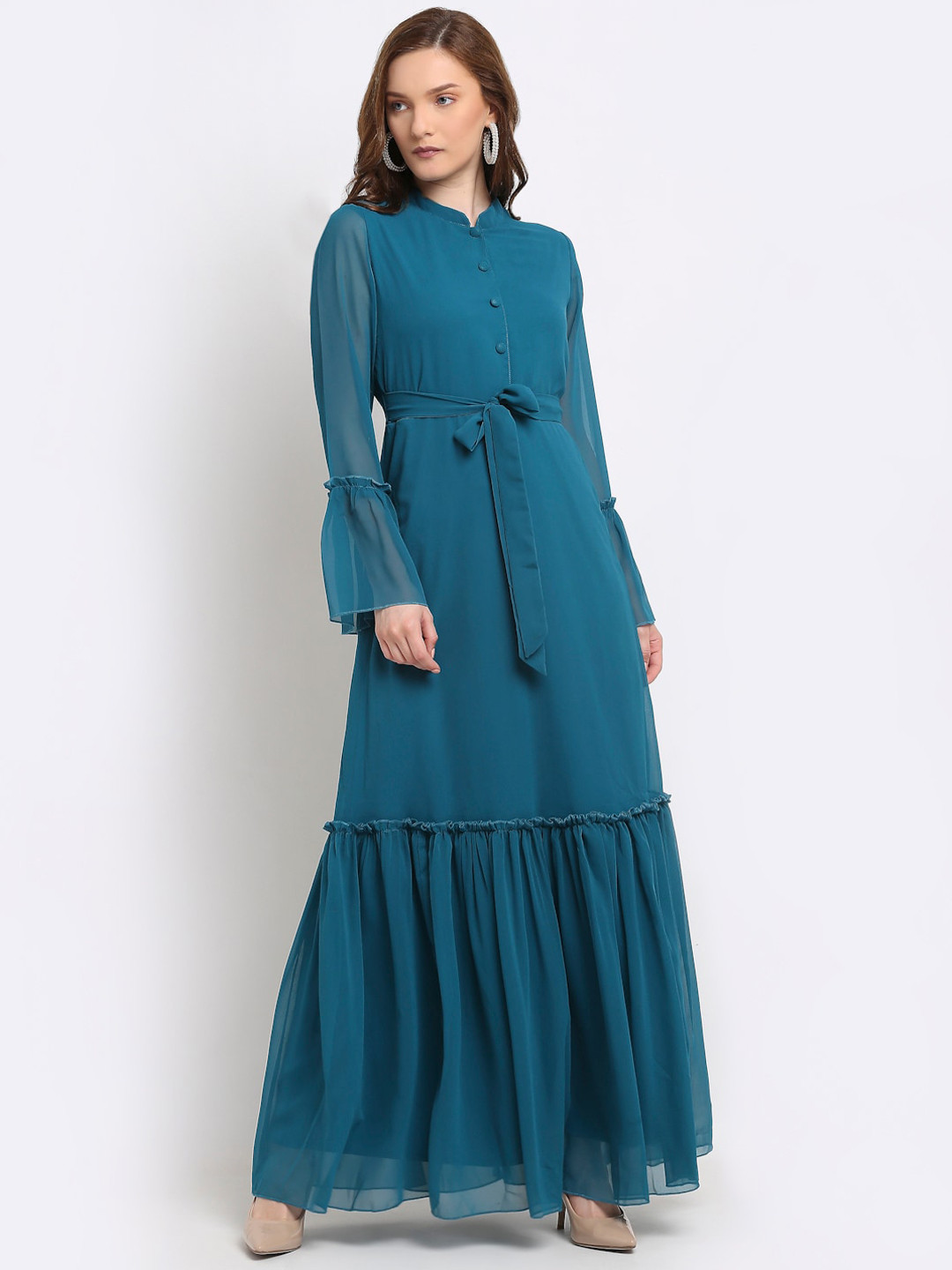 La Zoire Teal Blue Georgette Maxi Dress