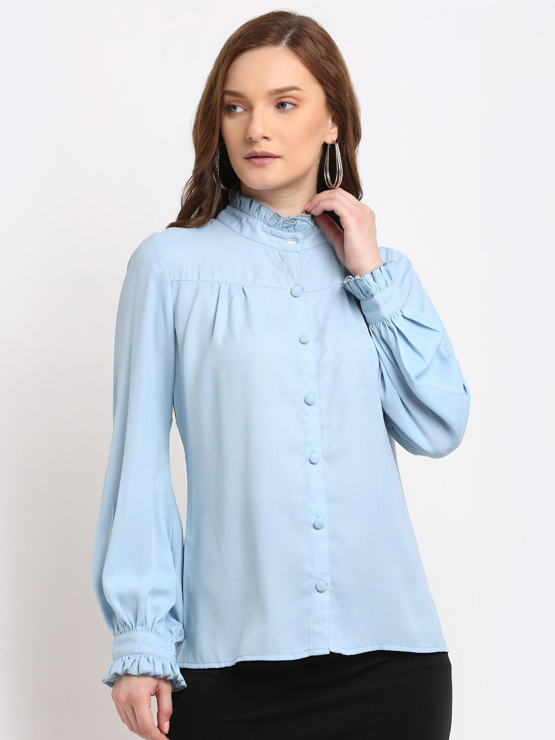 La Zoire Blue Georgette Shirt Style Top