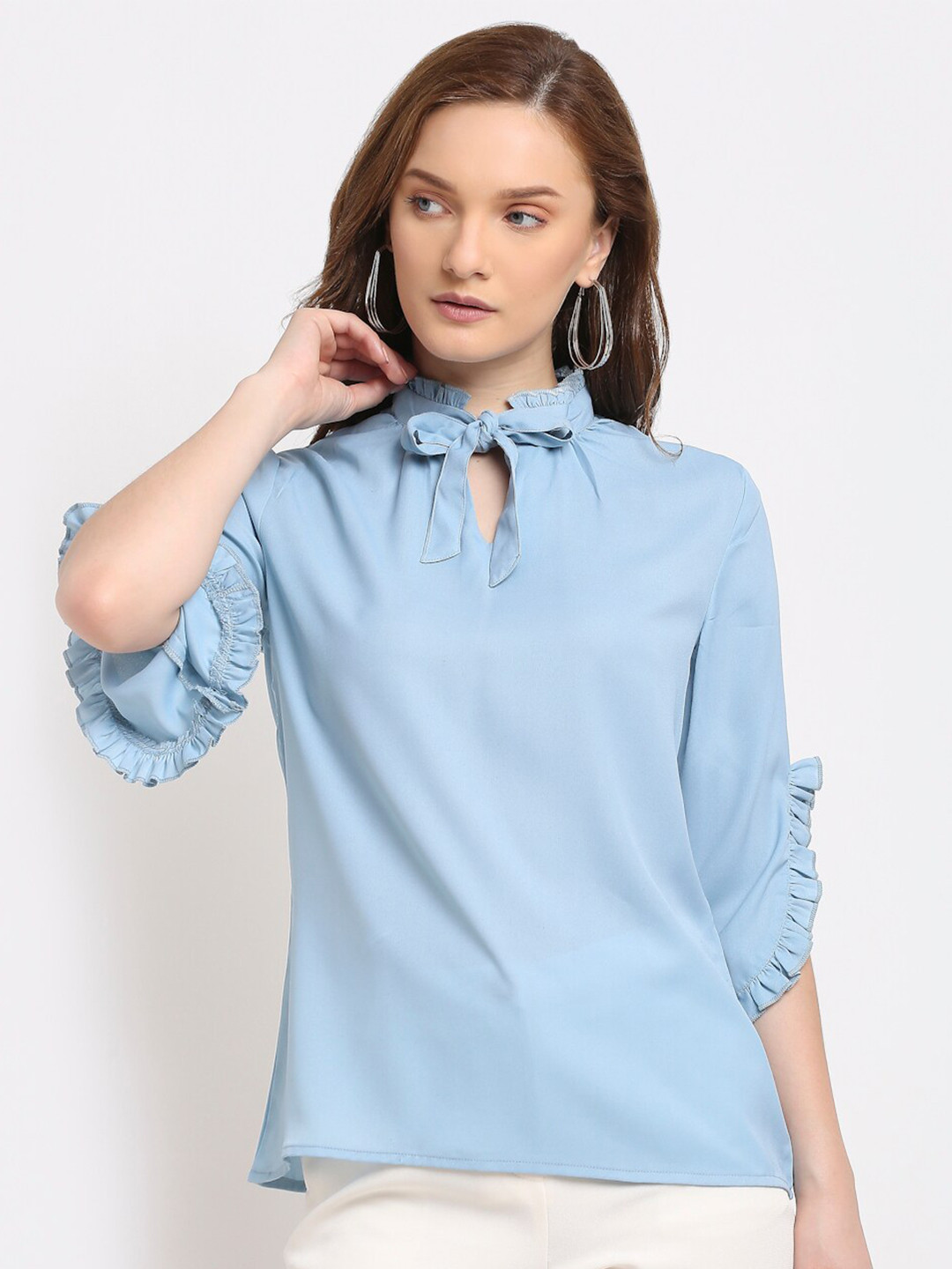 La Zoire Blue Tie-Up Neck Georgette Regular Top