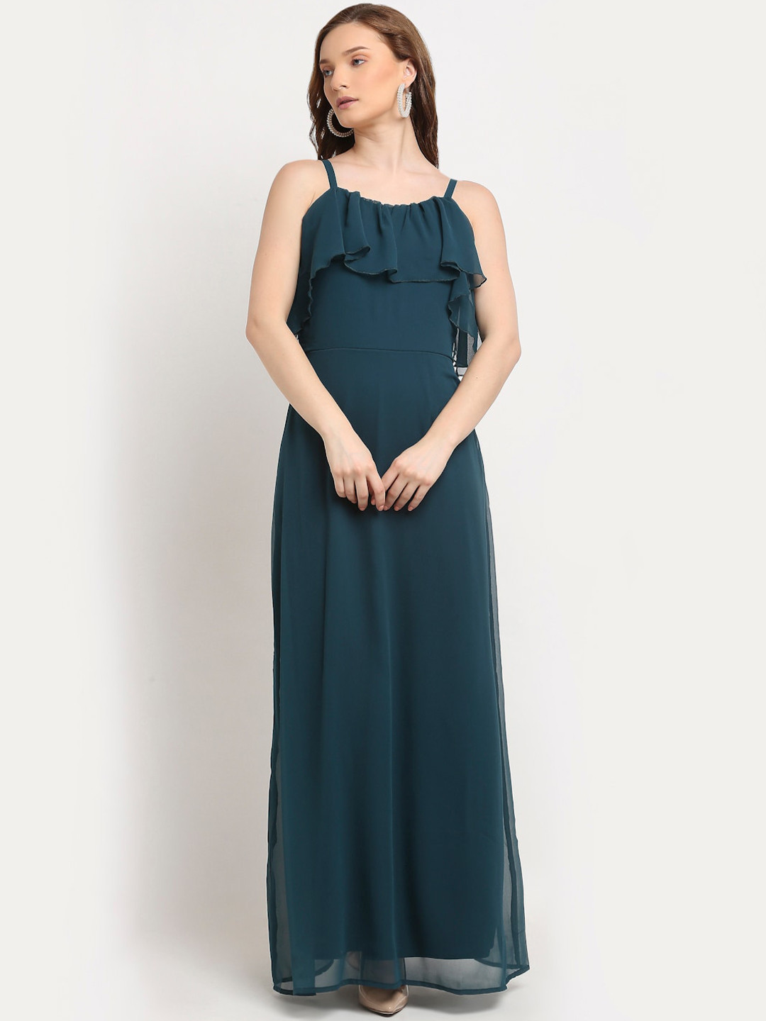 La Zoire Turquoise Blue Ruffled Georgette Maxi Dress