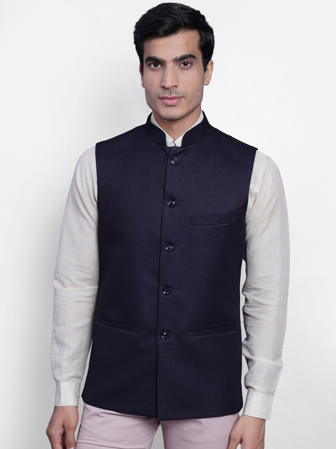 Wintage Men Violet Solid Woven Nehru Jacket