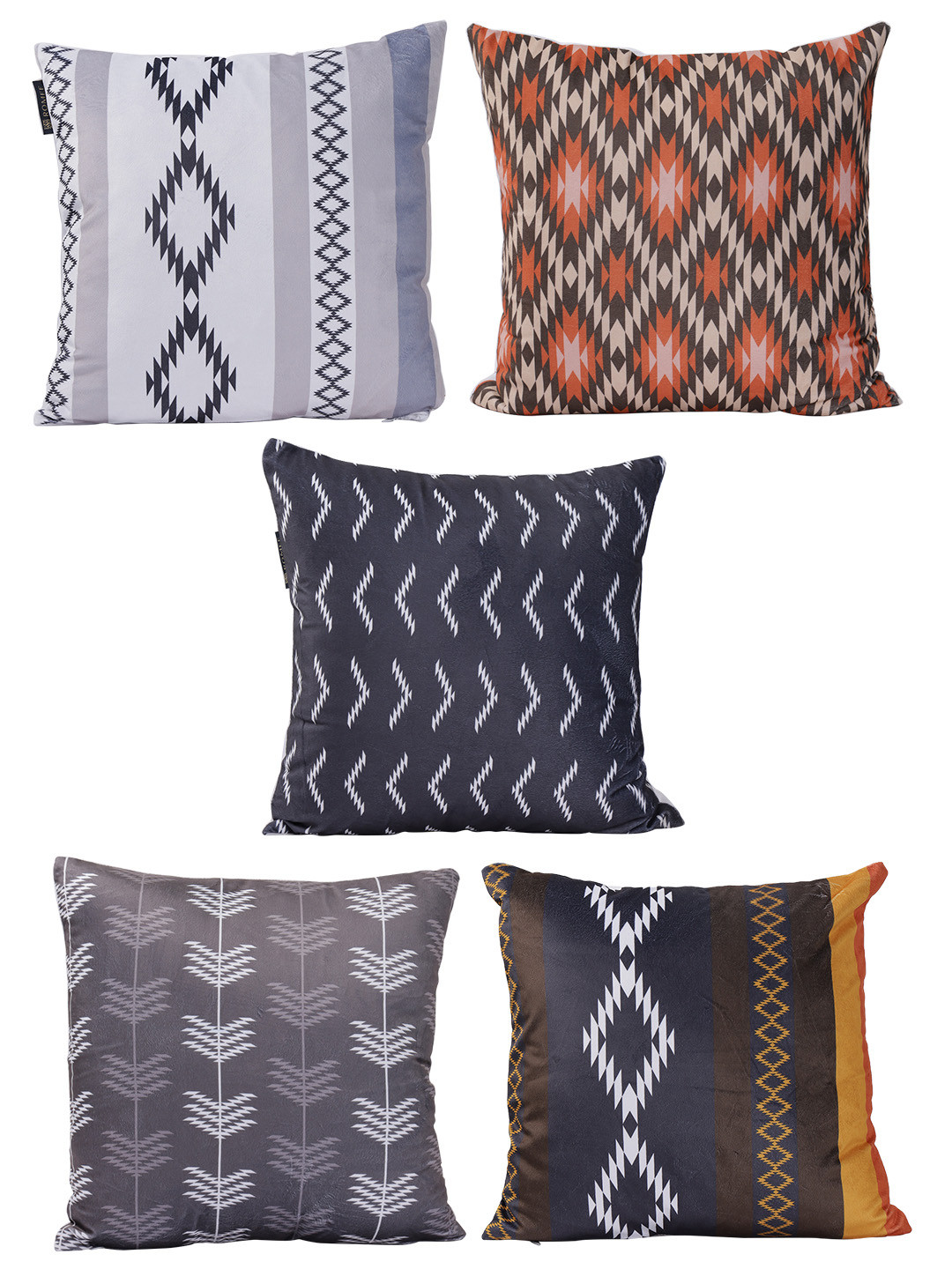 ROMEE Navy Blue & White Set of 5 Geometric Velvet Square Cushion Covers
