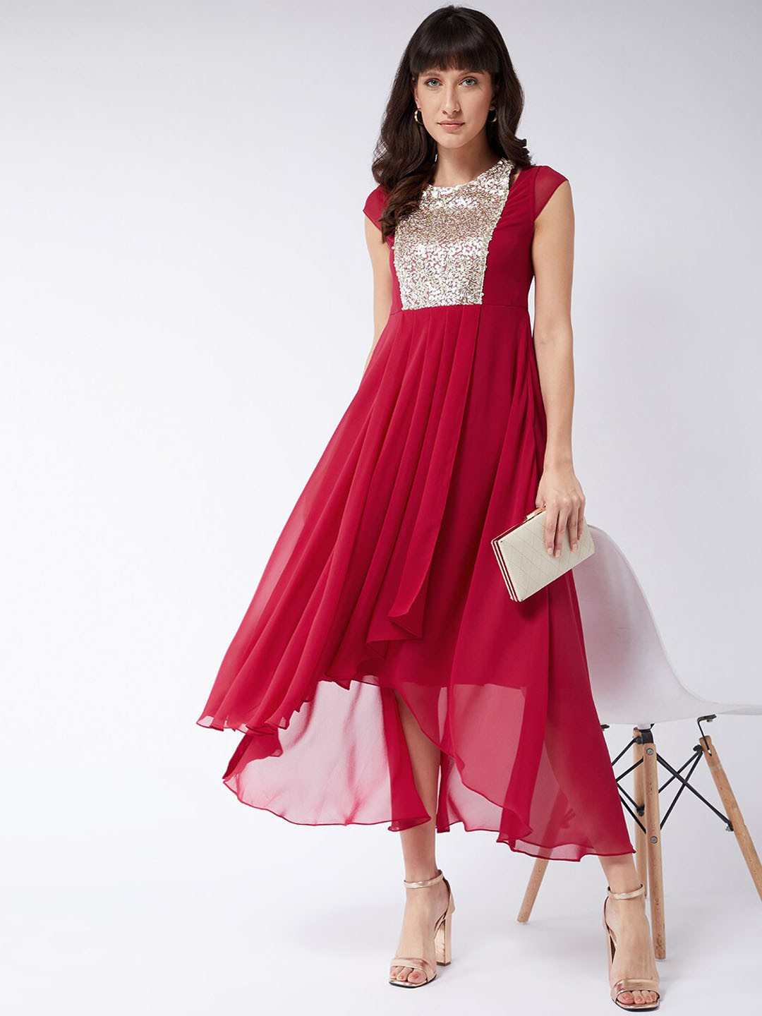 Miss Chase Pink Embellished Georgette Pleated Maxi Dress