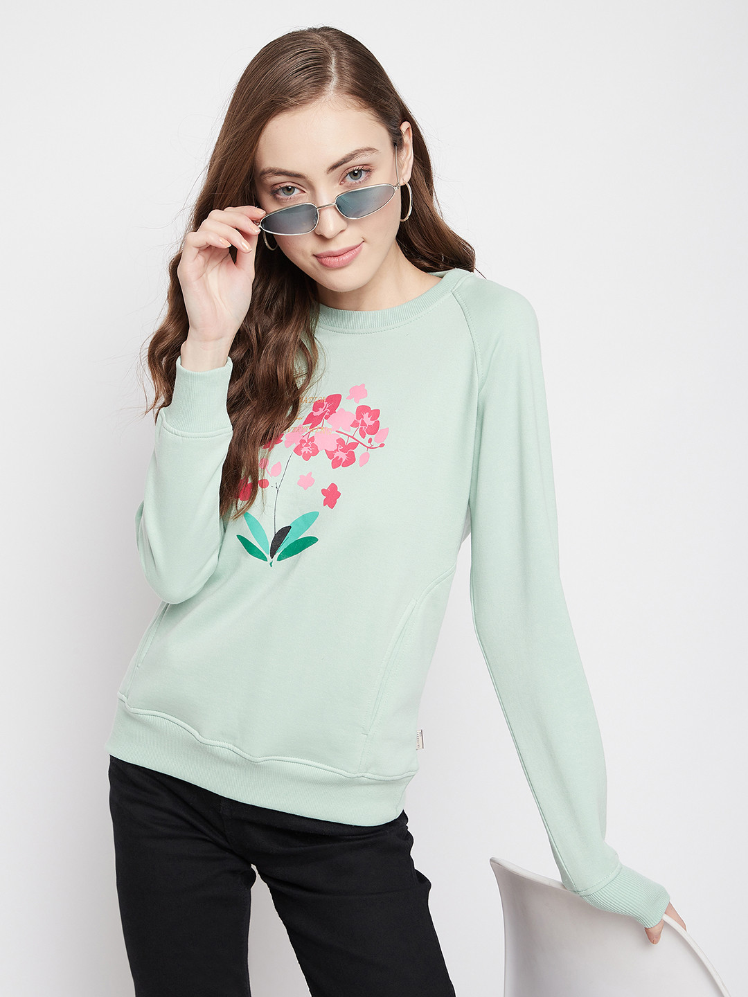 Crimsoune Club Women Sea Green Printed Sweatshirt