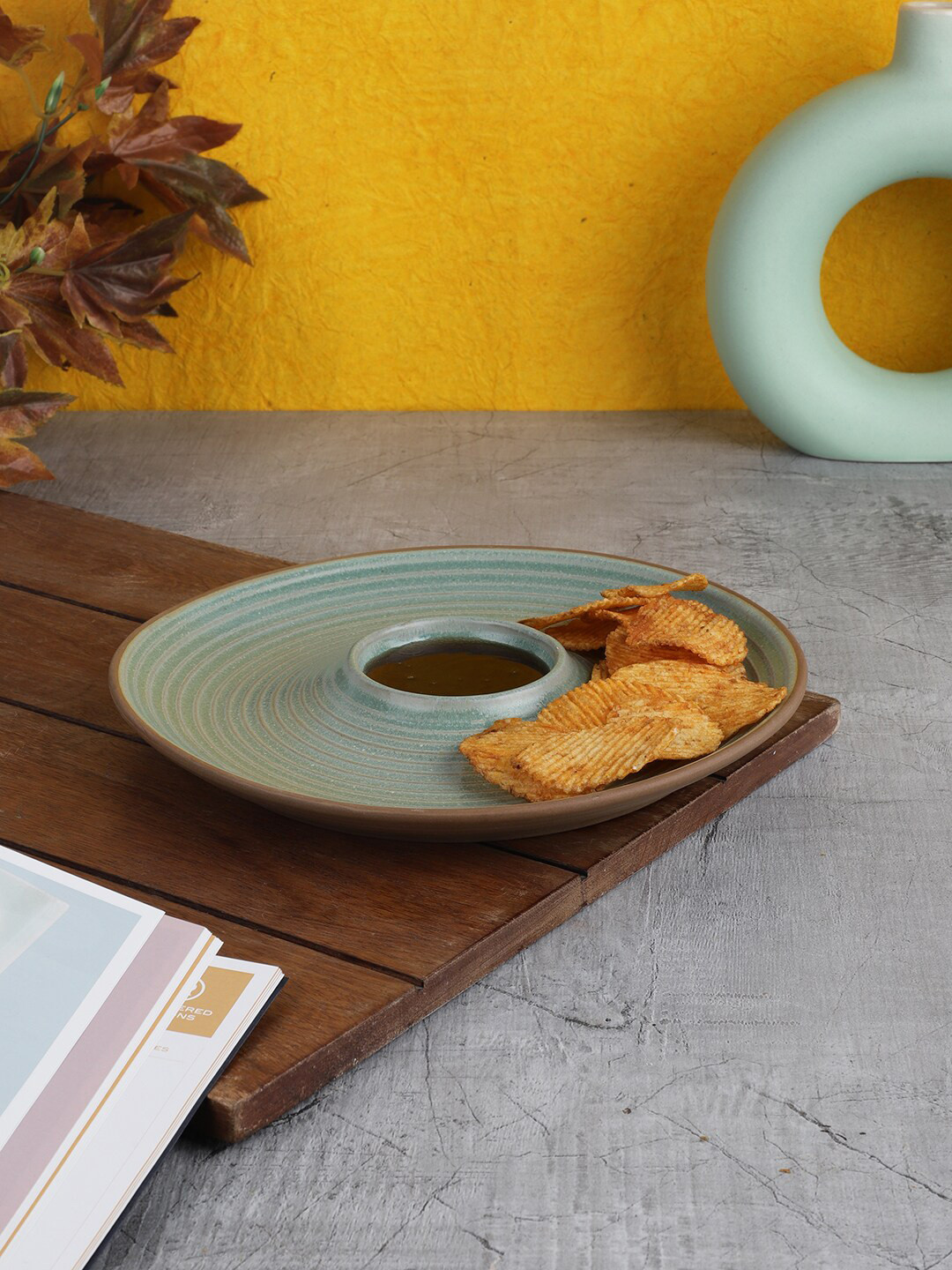 MIAH Decor Green & Brown Handcrafted Ceramic Chip & Dip Server