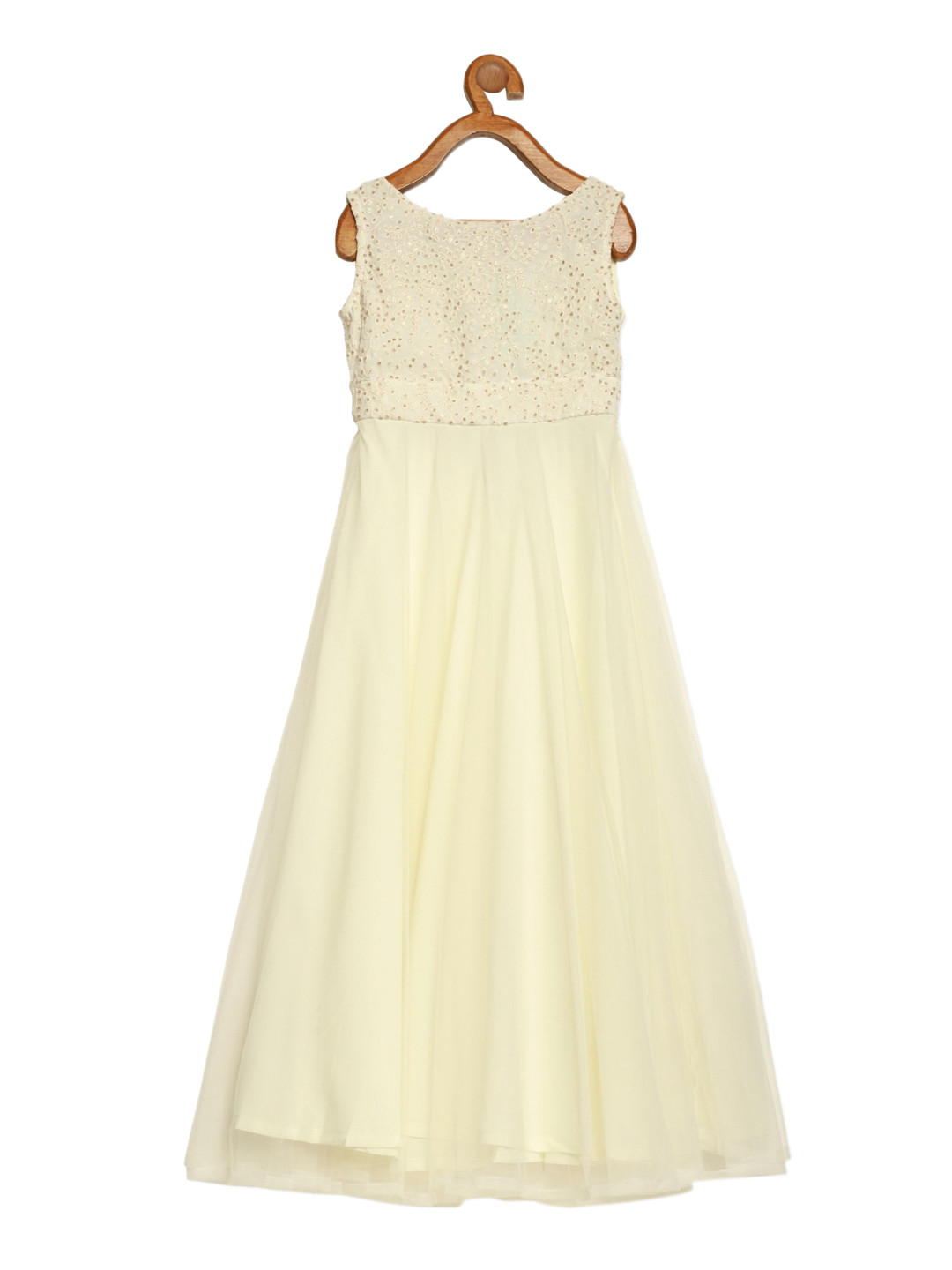 Ethnovog White Floral Embroidered Net Fit  Flare Maxi Full Circular Gown
