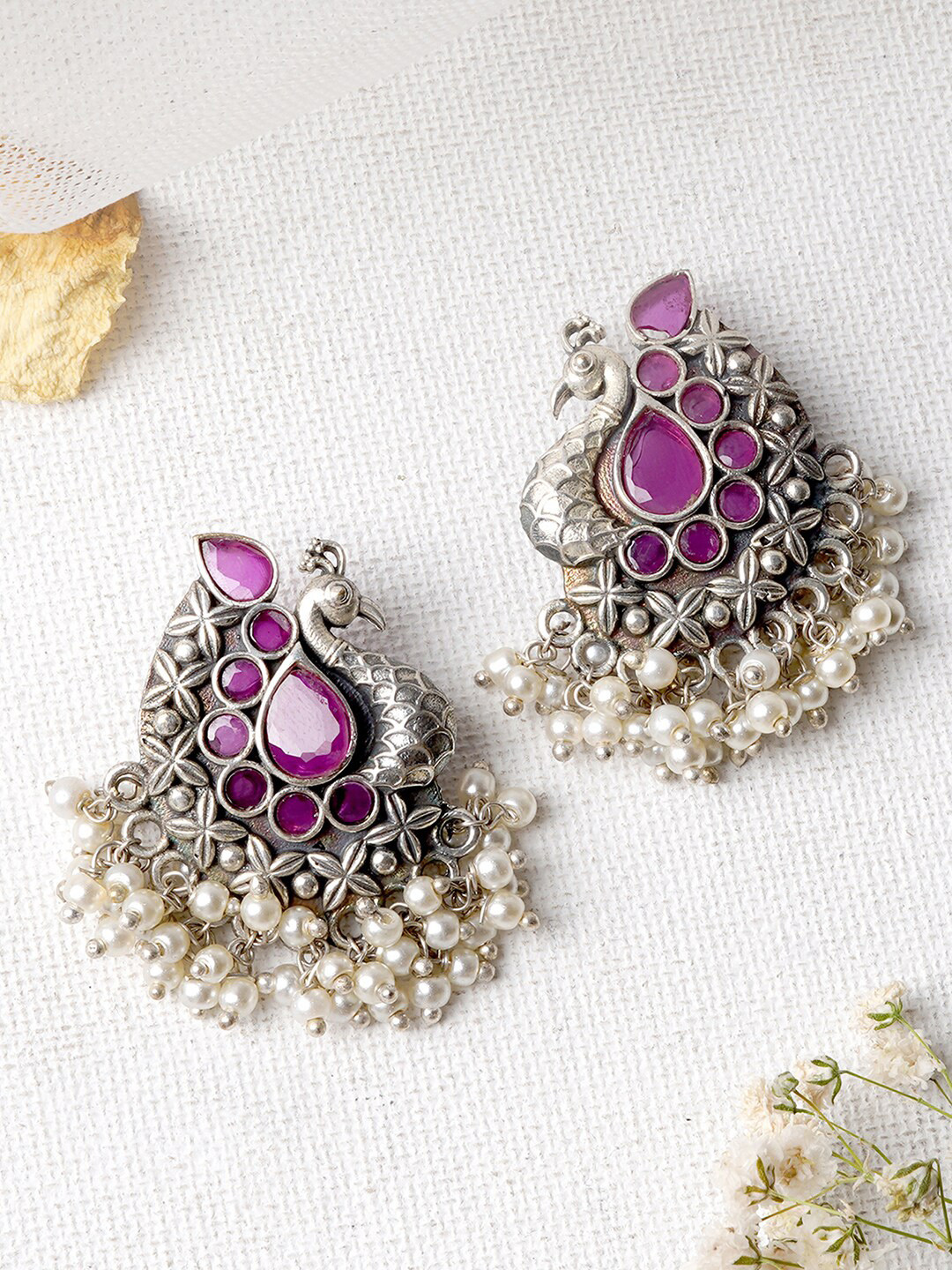 TEEJH Silver-Toned & Purple Peacock Shaped Drop Earrings