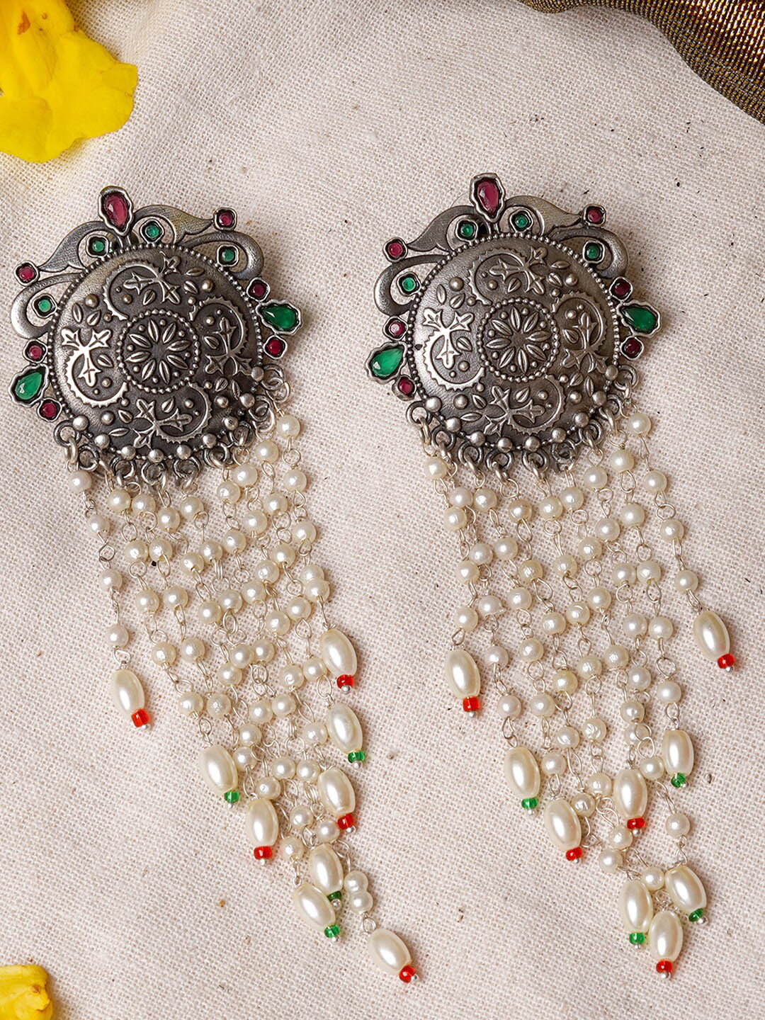 TEEJH Silver-Plated & White Contemporary Drop Earrings