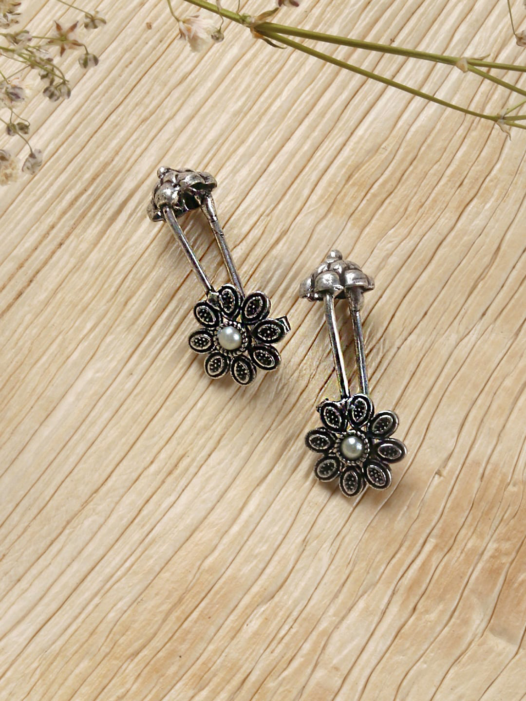 TEEJH Ladli Stone Silver-Plated Stone-Studded Floral Ear Cuff