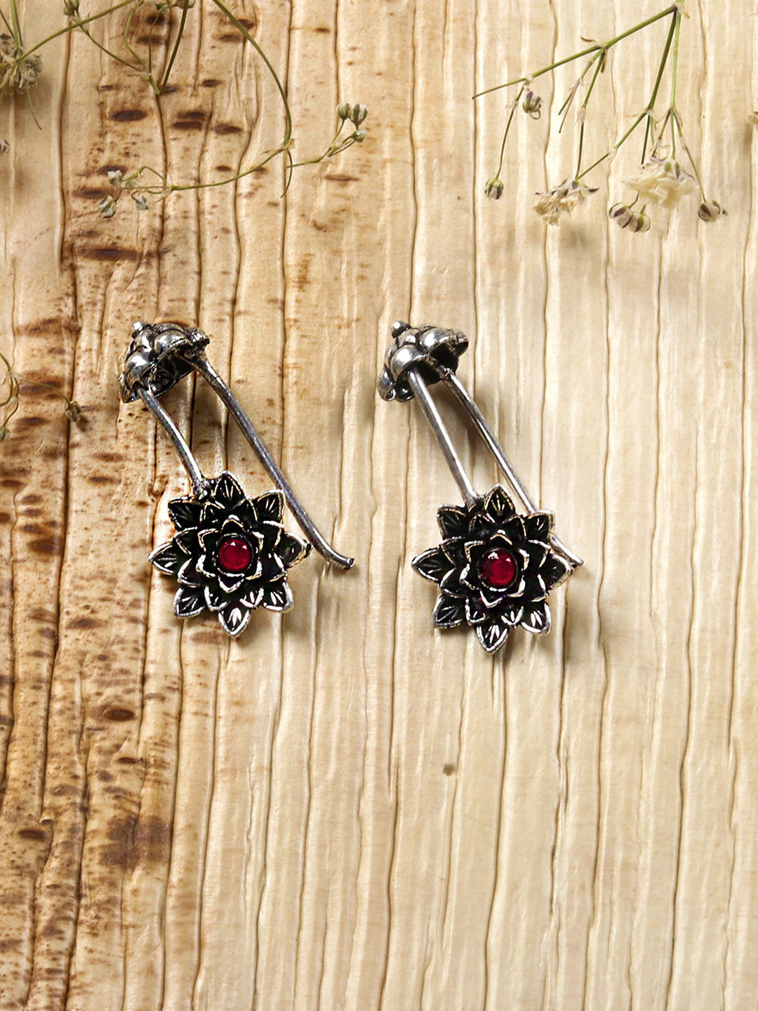 TEEJH Silver-Plated & Red Contemporary Drop Stone Earrings
