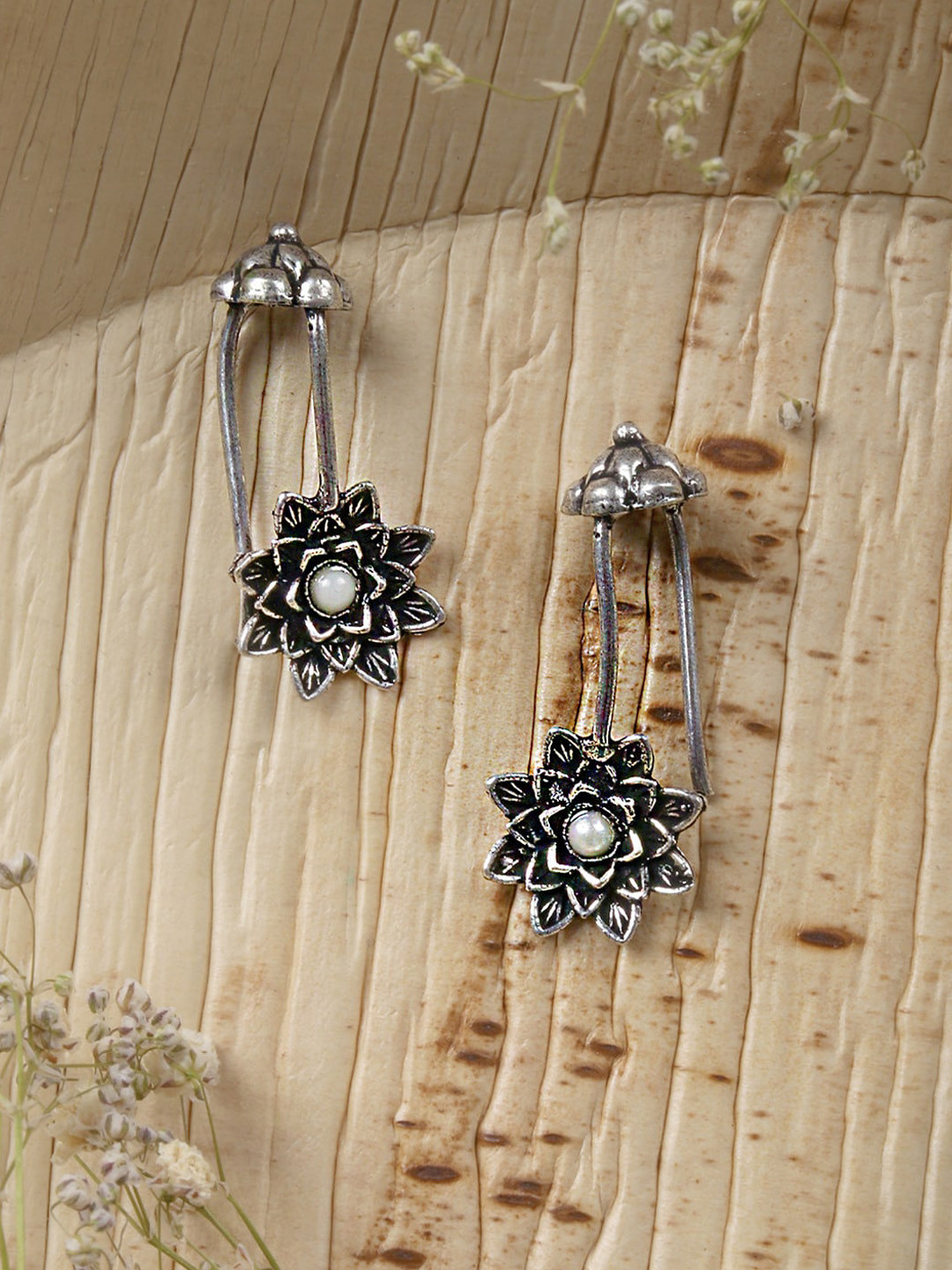 TEEJH White Silver-Plated Contemporary Ear Cuff Stone Earrings