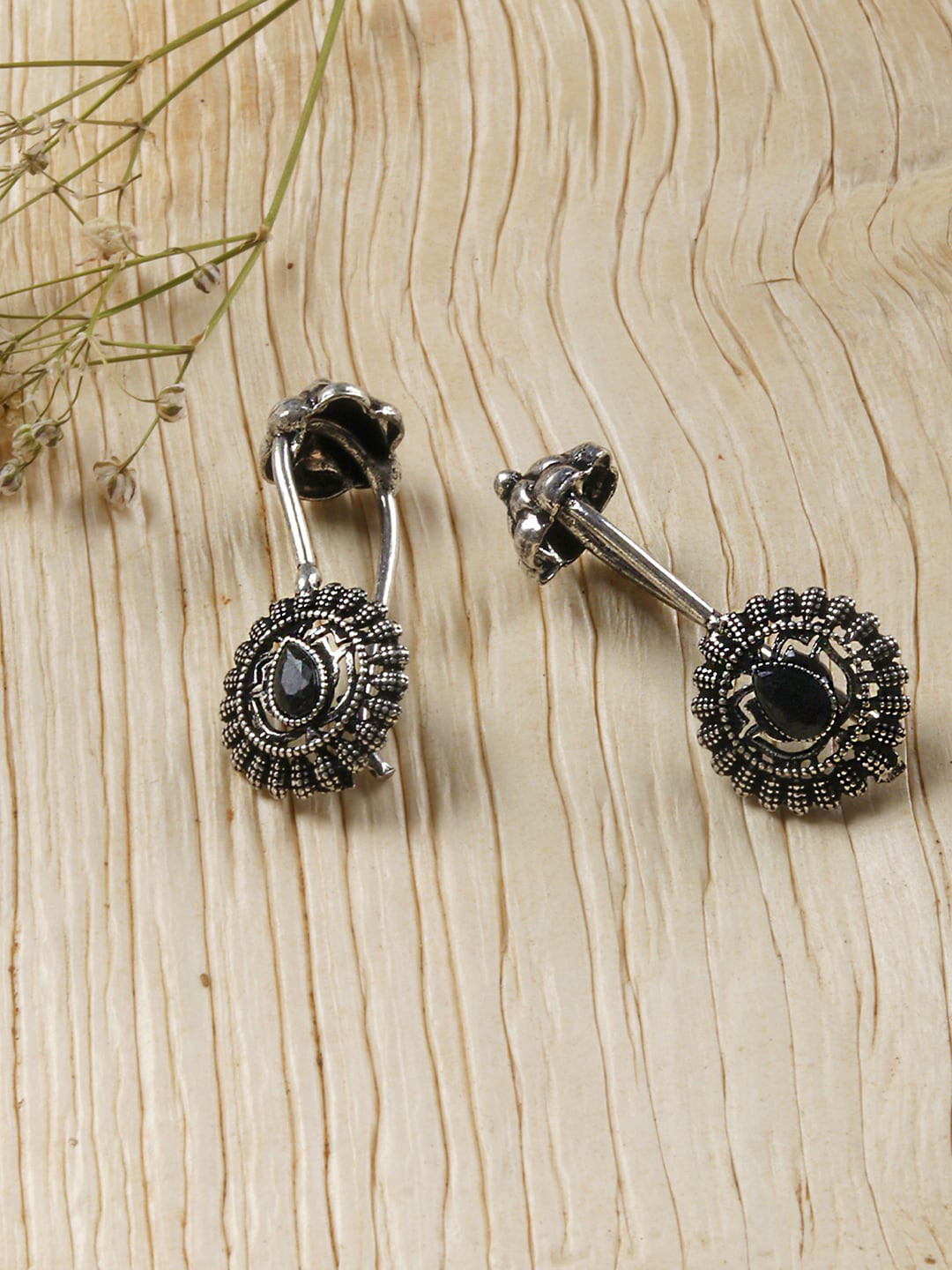 TEEJH Black Silver-Plated Contemporary Ear Cuff Stone Earrings