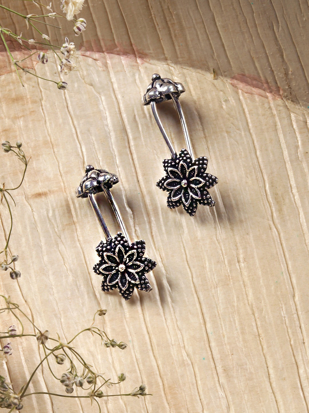 TEEJH Oxidised Jagvi Silver-Plated Floral Ear Cuff