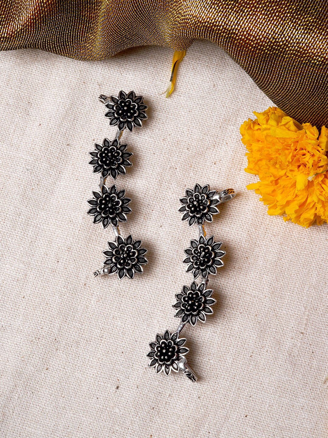 TEEJH Silver-Toned Floral Ear Cuff Earrings