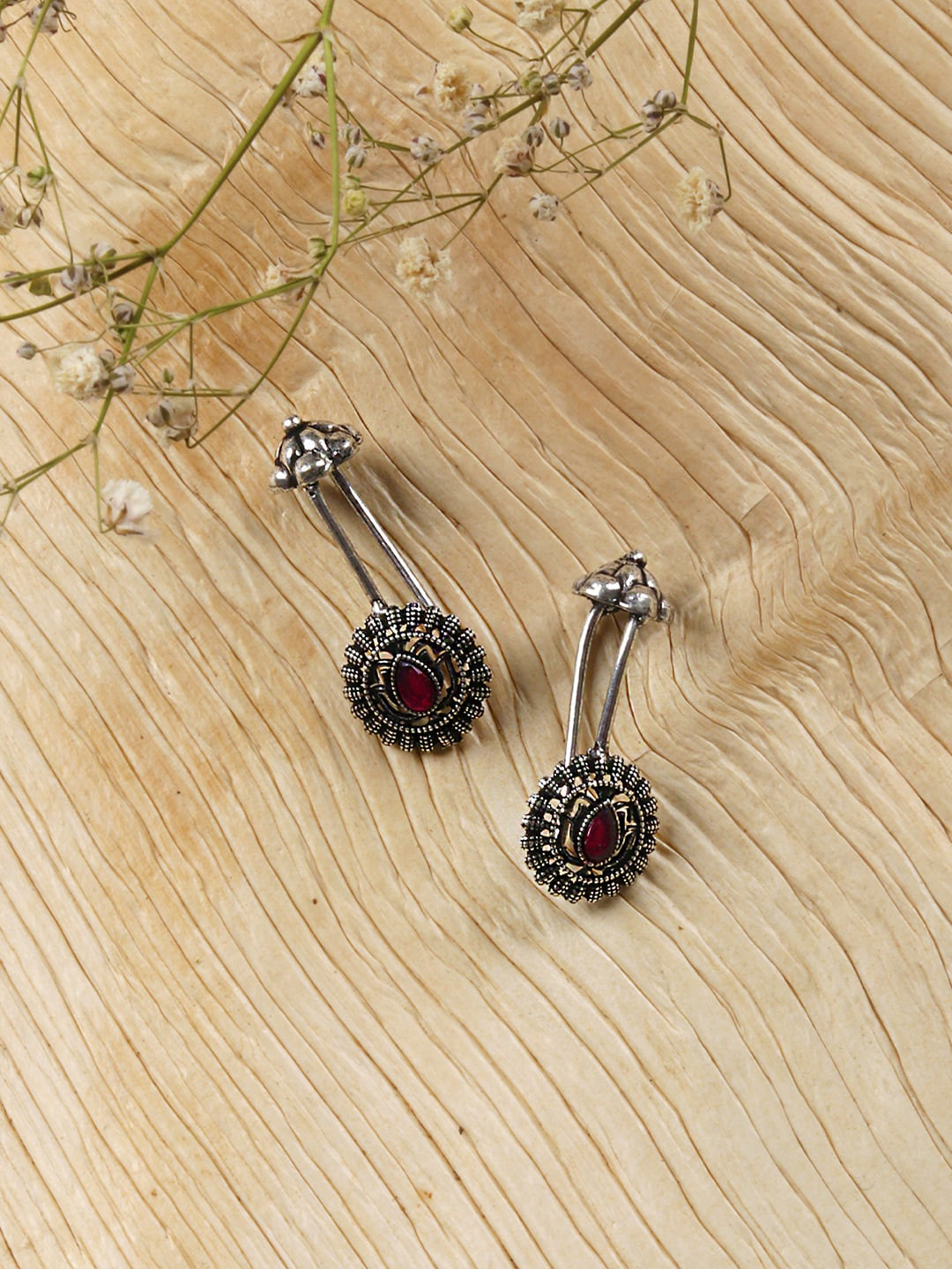 TEEJH Silver-Plated & Pink Contemporary Drop Stone Earrings