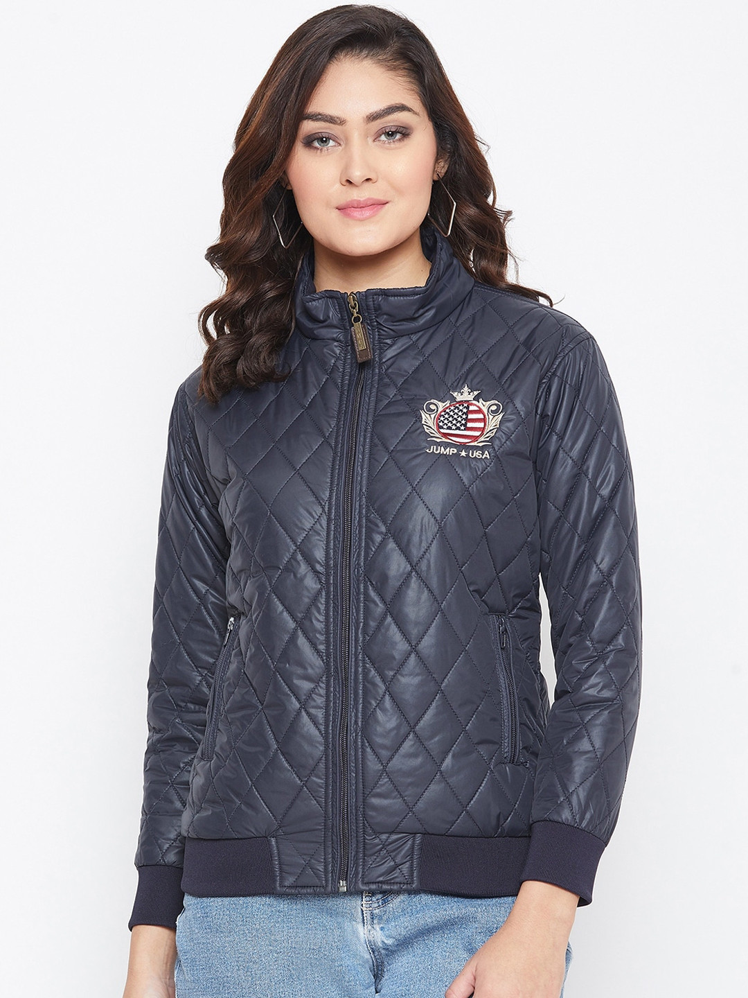 JUMP USA Women Navy Blue Self Designed Bomber Jacket