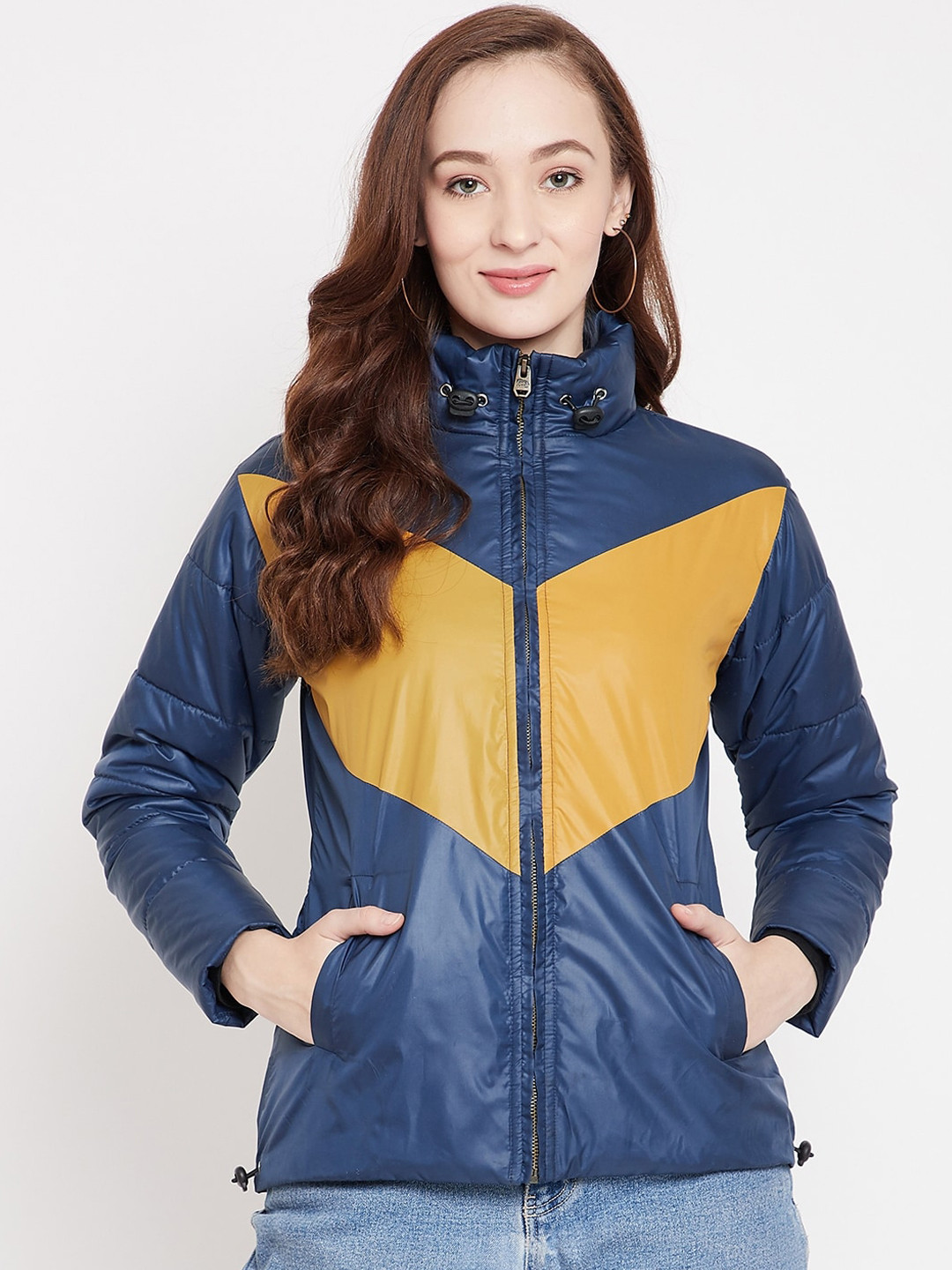 JUMP USA Women Blue Yellow Colourblocked Padded Jacket