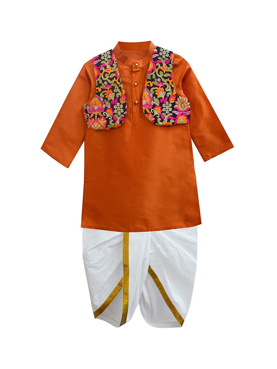 A T U N Boys Orange Regular Kurta with Dhoti Pants & Nehru Jacket