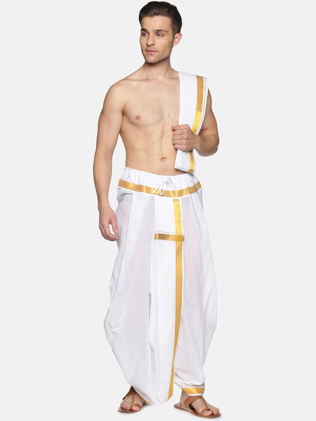 Sethukrishna Men White & Gold-Toned Solid Ready Made Dhoti Pants